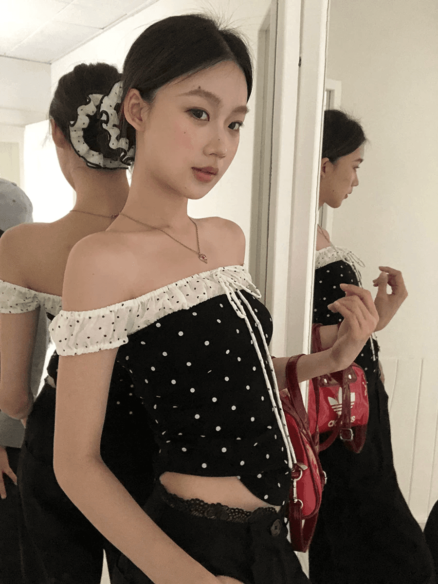 40 차가운 실크 코튼 220 그램 프랑스식 배색 도트 무늬 오프숄더 반팔 티셔츠 여성 여름 디자인 이미지 3