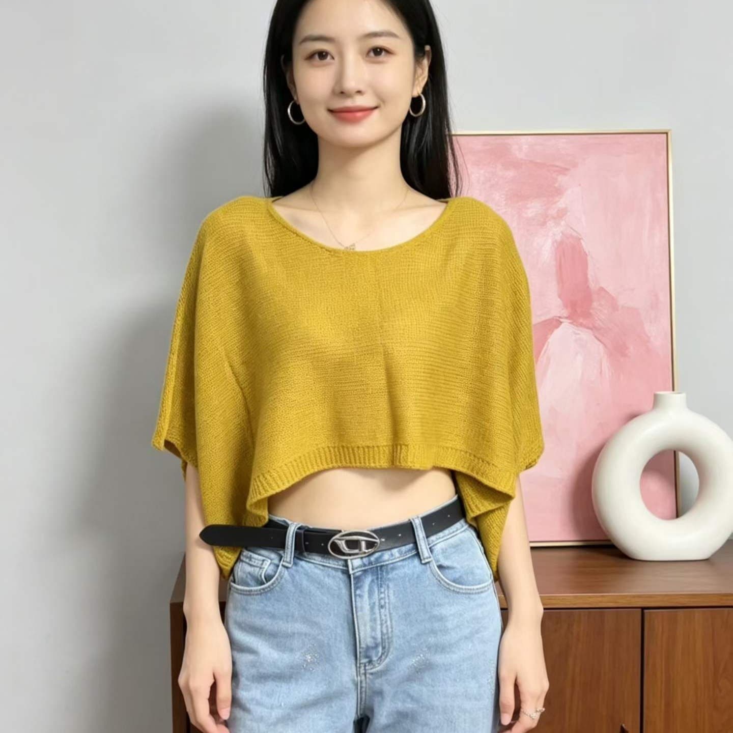 2026 년 여름 새로운 디자인 센스 부드러운 패션 디자인 센스 라운드 넥 마이크로 ~을 통해 니트 배트윙 소매 풀오버 블라우스 이미지 5