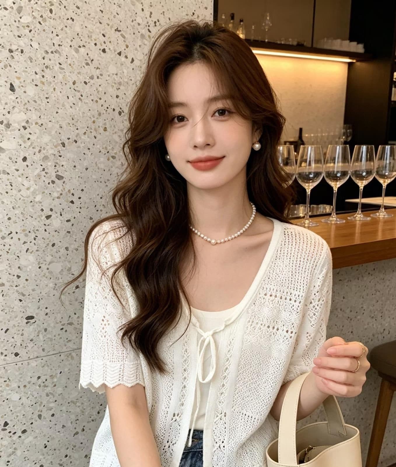 2026 년 여름 새로운 디자인 센스 패션 V넥 질감 홀로우 아웃 니트 레이스업 반팔 오픈 가디건 이미지 4