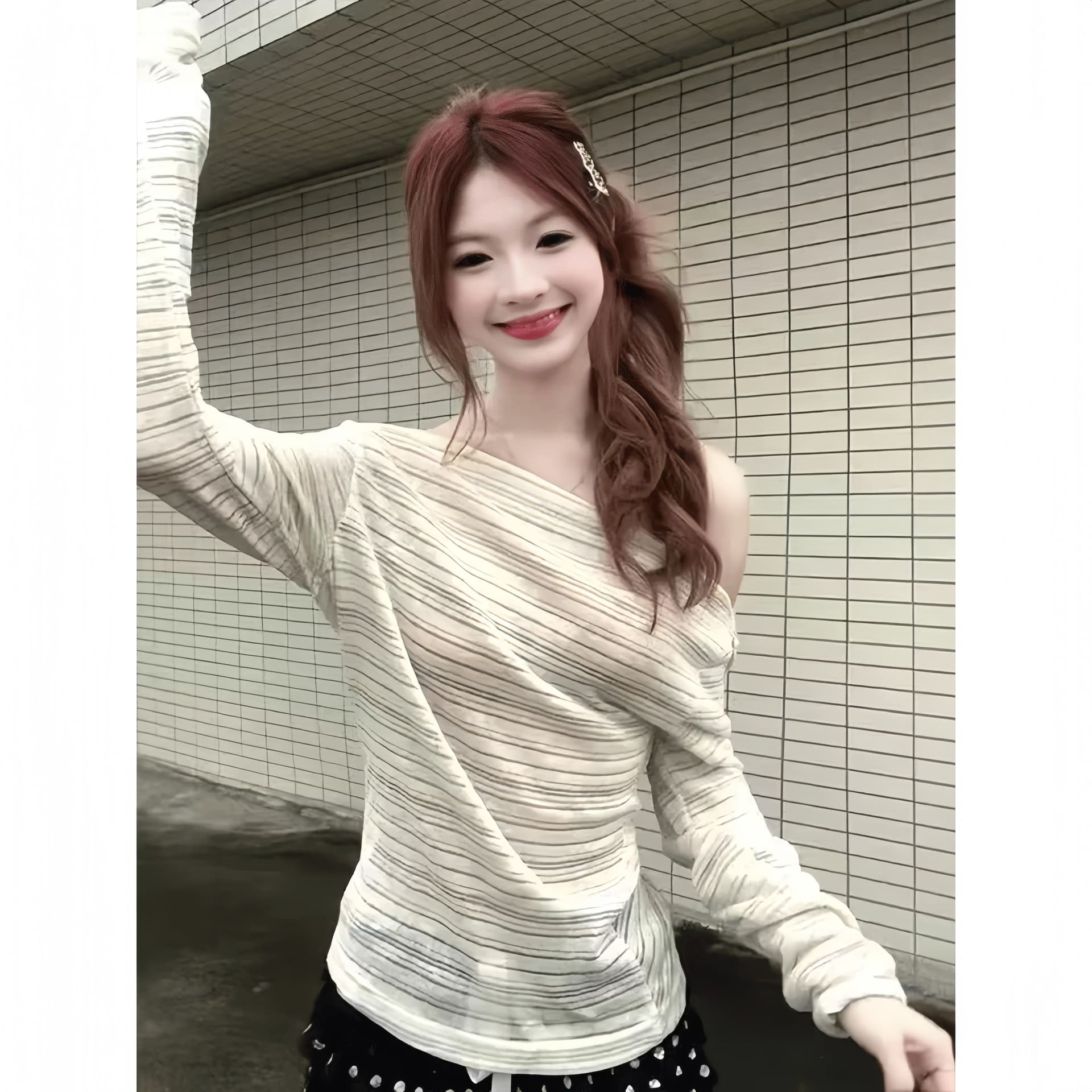 원본 은 실크 천 사이즈 충분히 추가 핏 스타일 충분하다. 루즈핏 슬림해 보이는 비스듬한 어깨 스트라이프 자외선 차단 블라우스 상세 이미지 2