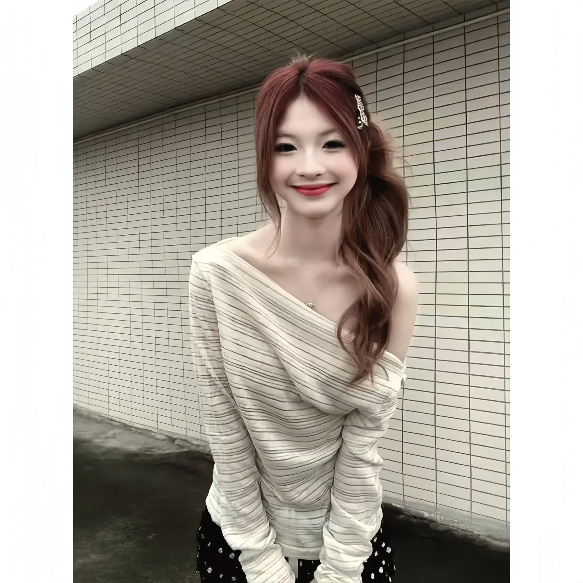원본 은 실크 천 사이즈 충분히 추가 핏 스타일 충분하다. 루즈핏 슬림해 보이는 비스듬한 어깨 스트라이프 자외선 차단 블라우스 상세 이미지 4