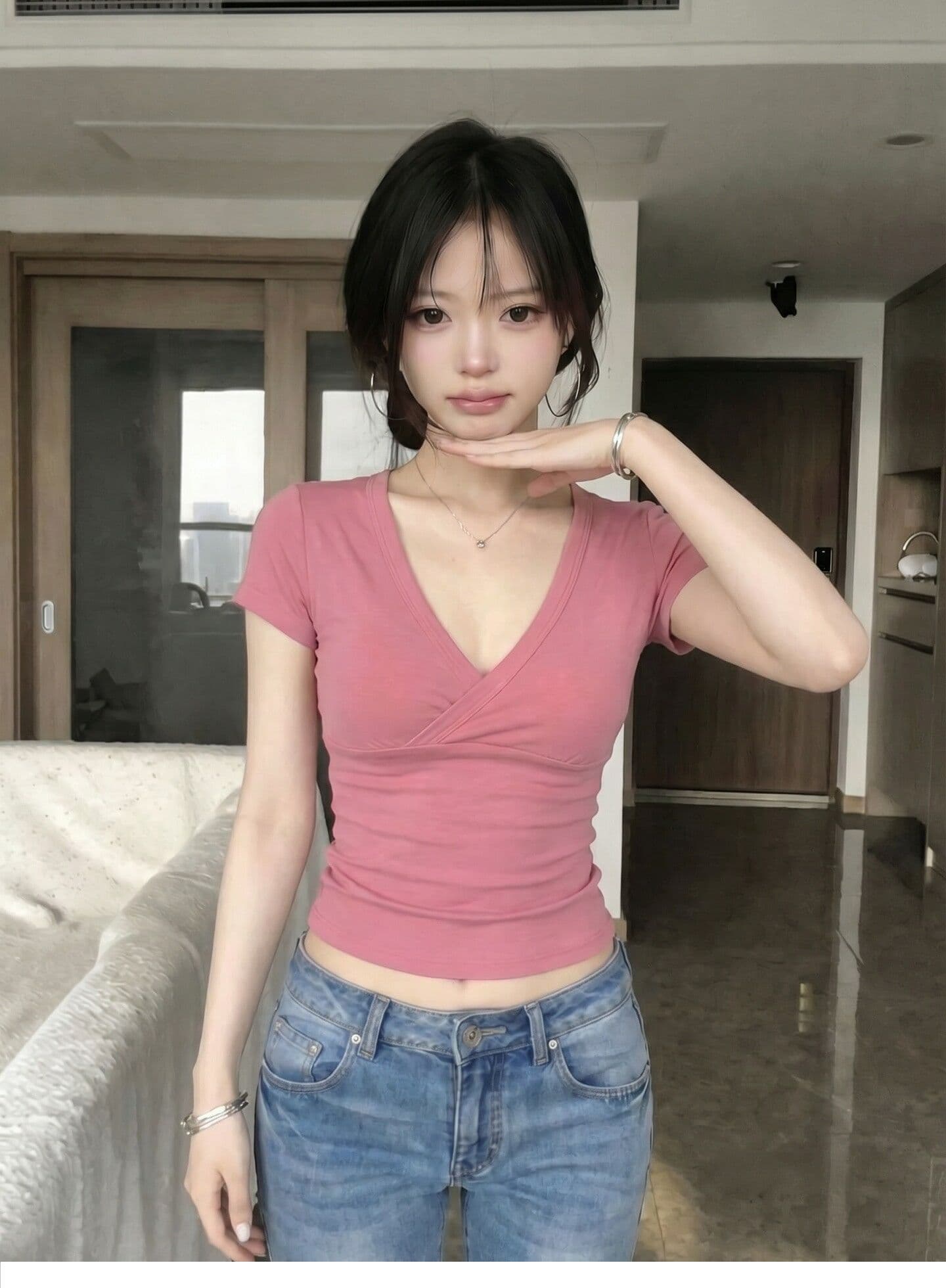 1 1 모달 한 부서 십자가 V넥 긍정적 인 어깨 반팔 티셔츠 여성 여름 순수한 욕망 핫걸 몸매 가꾸기 슬림해 보이는 쇼트 스타일 맨위 이미지 3