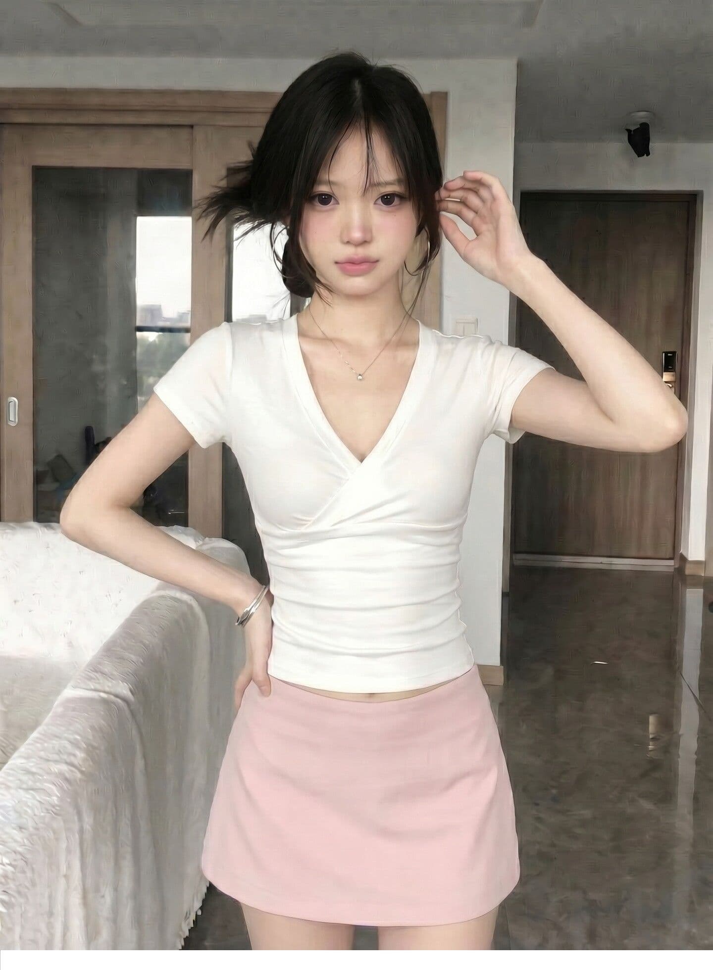 1 1 모달 한 부서 십자가 V넥 긍정적 인 어깨 반팔 티셔츠 여성 여름 순수한 욕망 핫걸 몸매 가꾸기 슬림해 보이는 쇼트 스타일 맨위 상세 이미지 2
