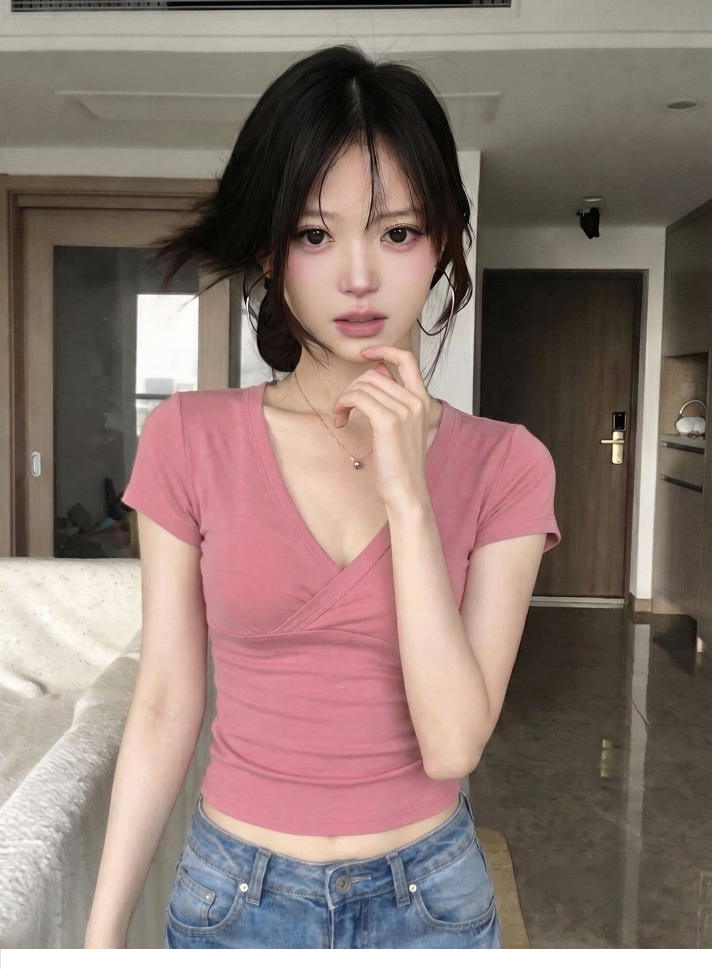 1 1 모달 한 부서 십자가 V넥 긍정적 인 어깨 반팔 티셔츠 여성 여름 순수한 욕망 핫걸 몸매 가꾸기 슬림해 보이는 쇼트 스타일 맨위 상세 이미지 4