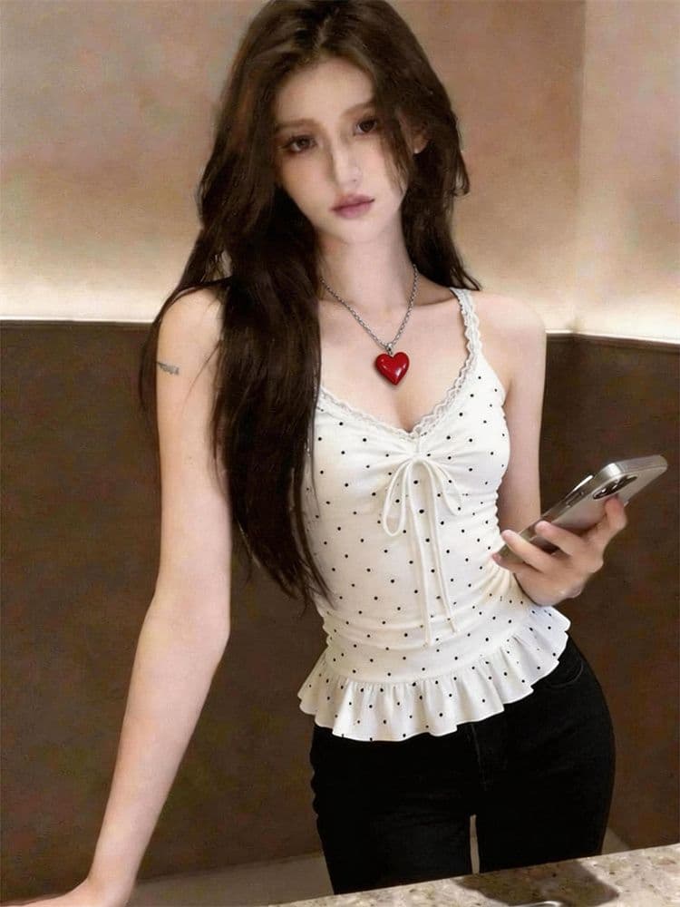 원본 원단 순수한 욕망 도트 무늬 프린트 패치워크 레이스 밑단 화이트 캐미솔 여름 몸매 가꾸기 슬림해 보이는 맨위 이미지 3