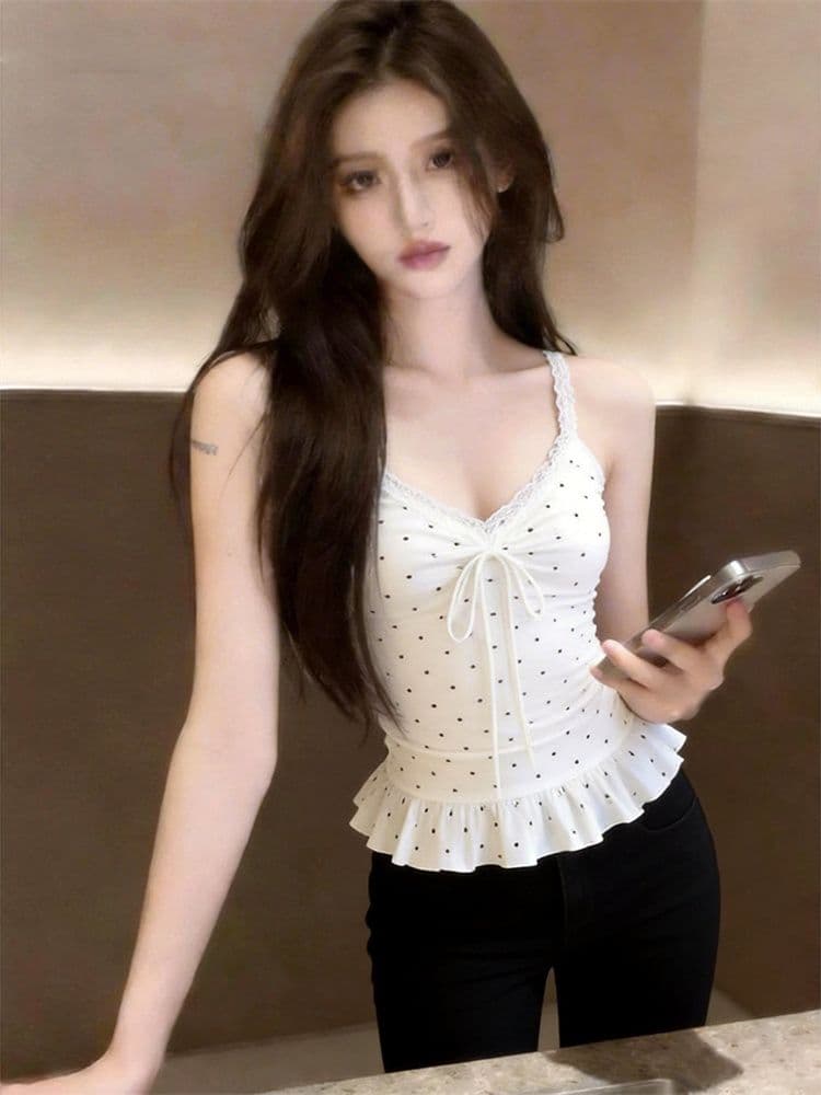 원본 원단 순수한 욕망 도트 무늬 프린트 패치워크 레이스 밑단 화이트 캐미솔 여름 몸매 가꾸기 슬림해 보이는 맨위 이미지 4