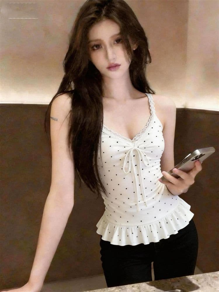 원본 원단 순수한 욕망 도트 무늬 프린트 패치워크 레이스 밑단 화이트 캐미솔 여름 몸매 가꾸기 슬림해 보이는 맨위 상세 이미지 3
