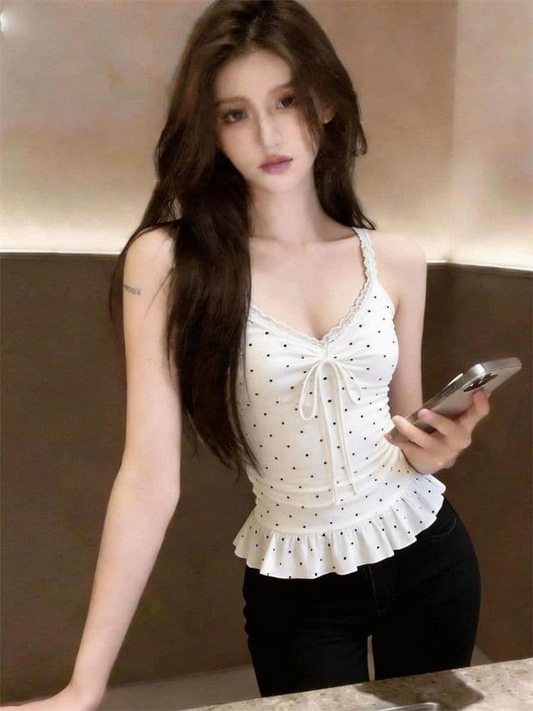 원본 원단 순수한 욕망 도트 무늬 프린트 패치워크 레이스 밑단 화이트 캐미솔 여름 몸매 가꾸기 슬림해 보이는 맨위 상세 이미지 5