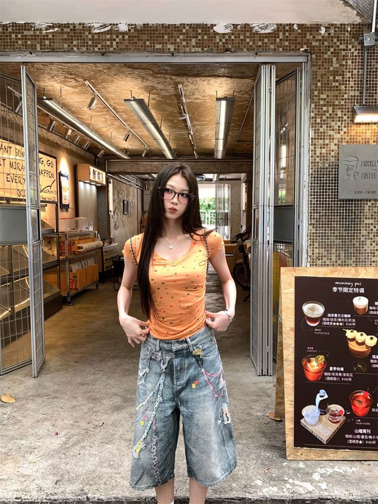 원본 원단 아메리칸 핫걸 V넥 긍정적 인 어깨 반팔 티셔츠 여성 여름 허리 수축 슬림해 보이는 다용도 쇼트 스타일 맨위 새로운 이미지 4