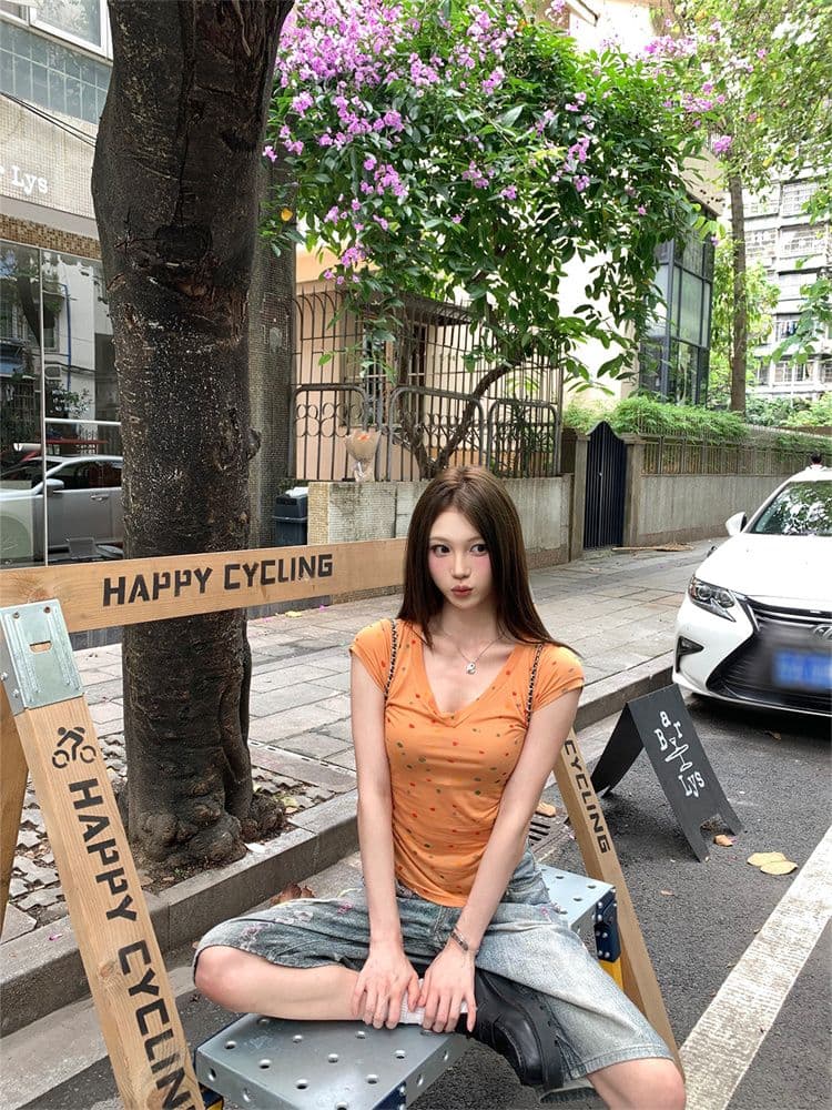 원본 원단 아메리칸 핫걸 V넥 긍정적 인 어깨 반팔 티셔츠 여성 여름 허리 수축 슬림해 보이는 다용도 쇼트 스타일 맨위 새로운 상세 이미지 1