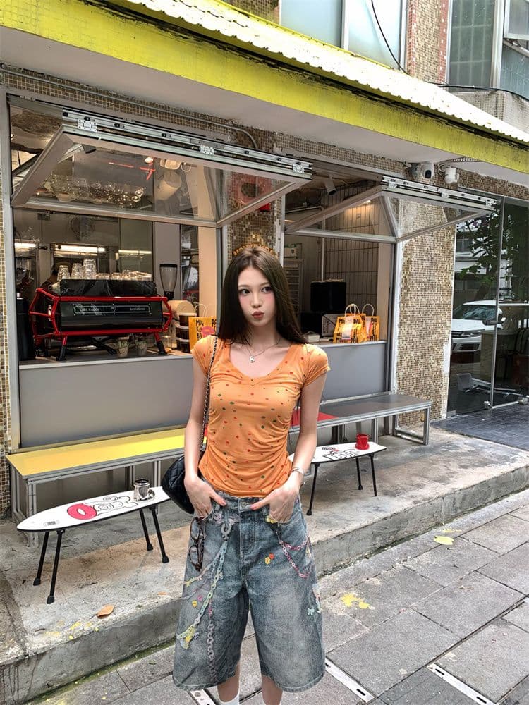 원본 원단 아메리칸 핫걸 V넥 긍정적 인 어깨 반팔 티셔츠 여성 여름 허리 수축 슬림해 보이는 다용도 쇼트 스타일 맨위 새로운 상세 이미지 3
