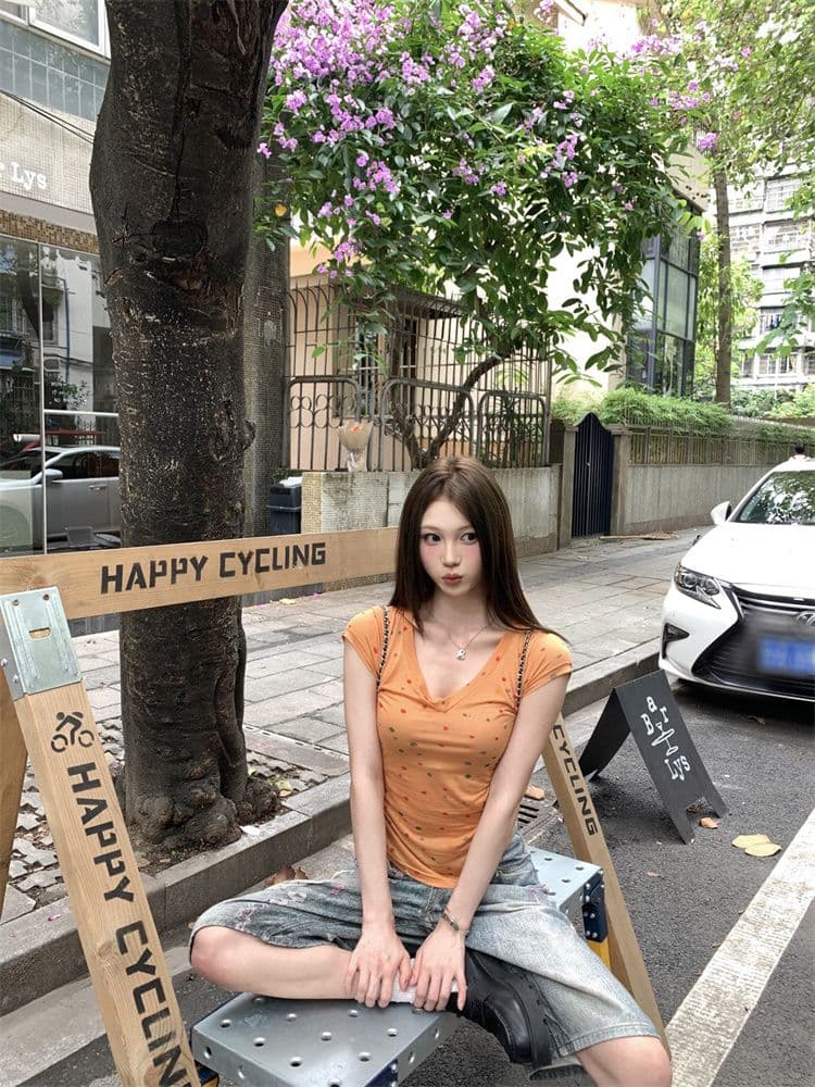원본 원단 아메리칸 핫걸 V넥 긍정적 인 어깨 반팔 티셔츠 여성 여름 허리 수축 슬림해 보이는 다용도 쇼트 스타일 맨위 새로운 상세 이미지 6