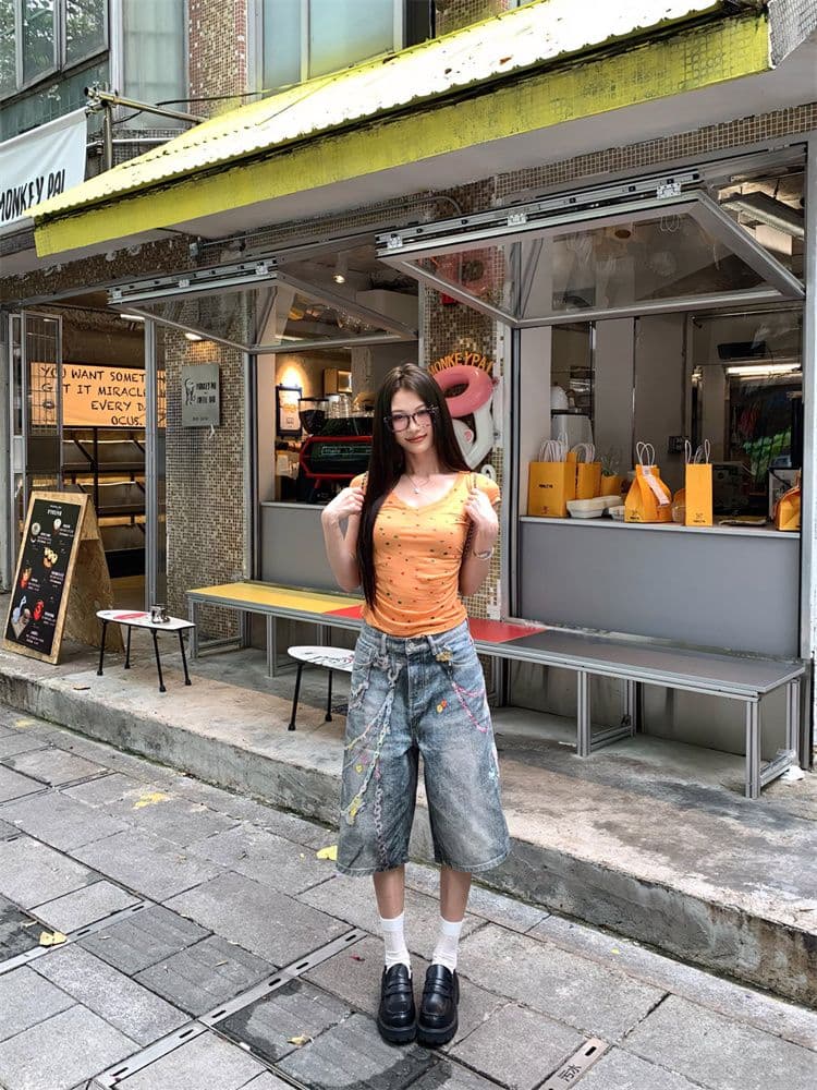원본 원단 아메리칸 핫걸 V넥 긍정적 인 어깨 반팔 티셔츠 여성 여름 허리 수축 슬림해 보이는 다용도 쇼트 스타일 맨위 새로운 상세 이미지 13