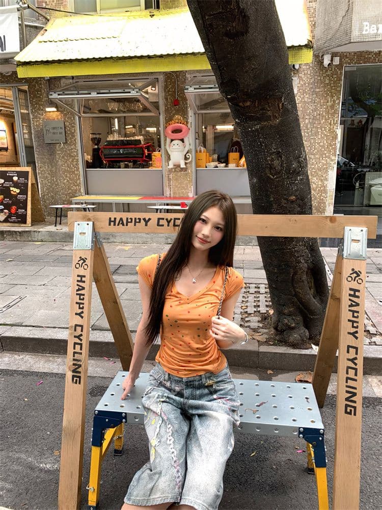 원본 원단 아메리칸 핫걸 V넥 긍정적 인 어깨 반팔 티셔츠 여성 여름 허리 수축 슬림해 보이는 다용도 쇼트 스타일 맨위 새로운 상세 이미지 14