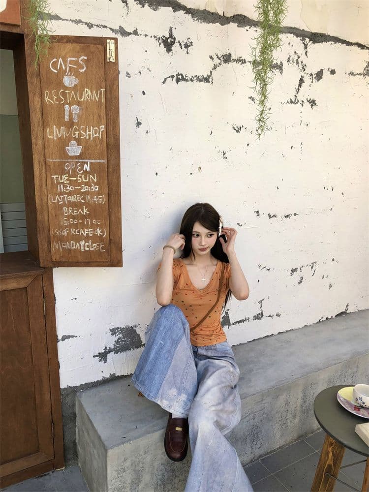 원본 원단 아메리칸 핫걸 V넥 긍정적 인 어깨 반팔 티셔츠 여성 여름 허리 수축 슬림해 보이는 다용도 쇼트 스타일 맨위 새로운 상세 이미지 15