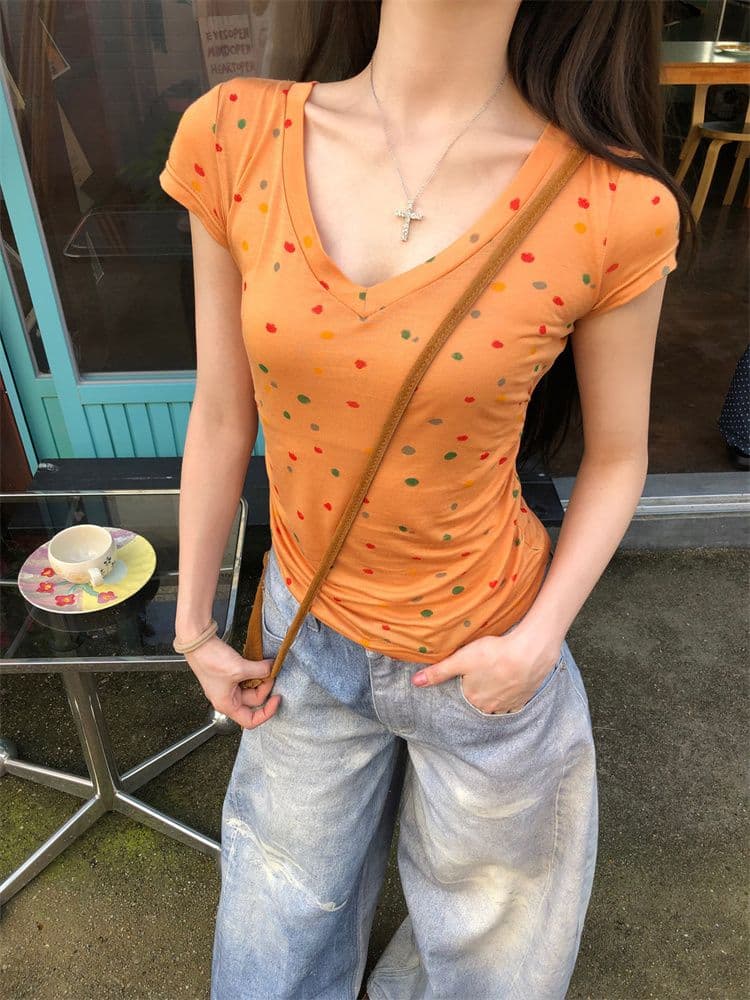 원본 원단 아메리칸 핫걸 V넥 긍정적 인 어깨 반팔 티셔츠 여성 여름 허리 수축 슬림해 보이는 다용도 쇼트 스타일 맨위 새로운 상세 이미지 16