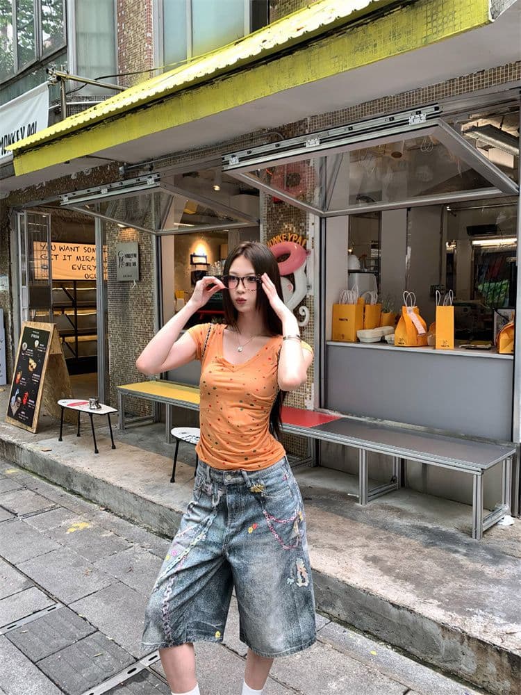 원본 원단 아메리칸 핫걸 V넥 긍정적 인 어깨 반팔 티셔츠 여성 여름 허리 수축 슬림해 보이는 다용도 쇼트 스타일 맨위 새로운 상세 이미지 17