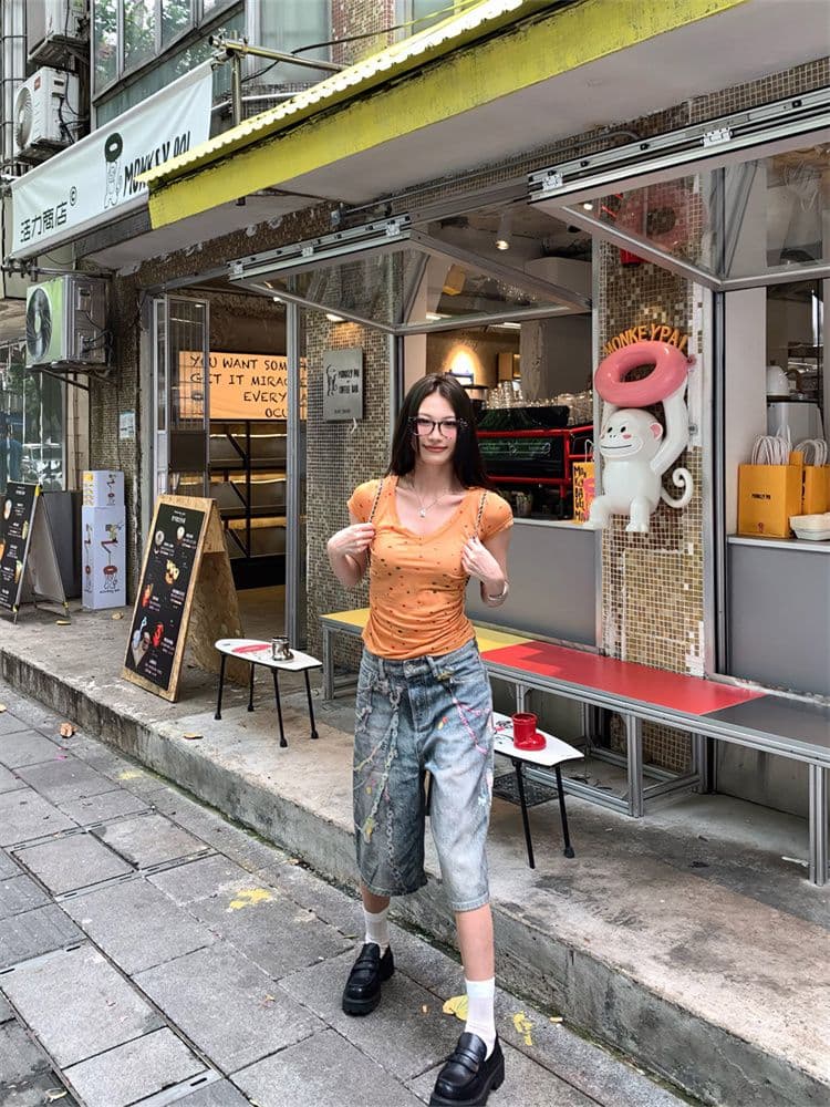 원본 원단 아메리칸 핫걸 V넥 긍정적 인 어깨 반팔 티셔츠 여성 여름 허리 수축 슬림해 보이는 다용도 쇼트 스타일 맨위 새로운 상세 이미지 18