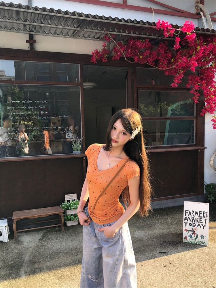 원본 원단 아메리칸 핫걸 V넥 긍정적 인 어깨 반팔 티셔츠 여성 여름 허리 수축 슬림해 보이는 다용도 쇼트 스타일 맨위 새로운 상세 이미지 20