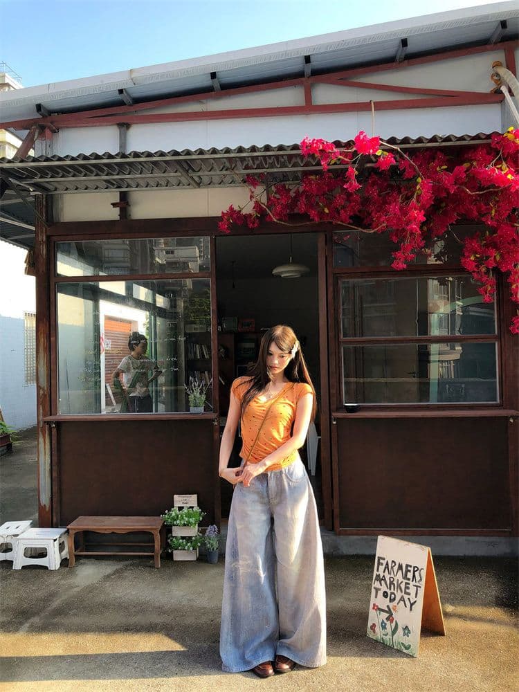 원본 원단 아메리칸 핫걸 V넥 긍정적 인 어깨 반팔 티셔츠 여성 여름 허리 수축 슬림해 보이는 다용도 쇼트 스타일 맨위 새로운 상세 이미지 21