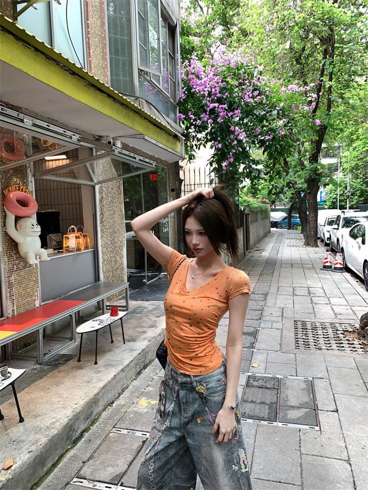 원본 원단 아메리칸 핫걸 V넥 긍정적 인 어깨 반팔 티셔츠 여성 여름 허리 수축 슬림해 보이는 다용도 쇼트 스타일 맨위 새로운 상세 이미지 24
