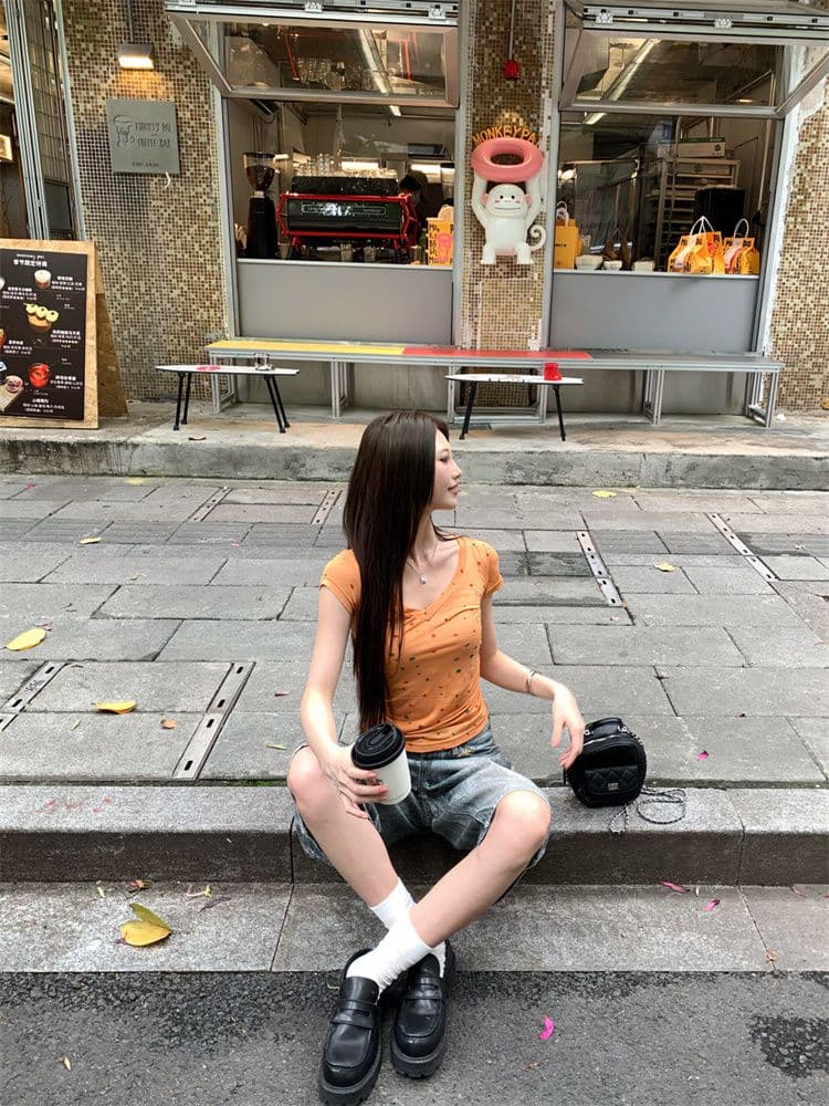 원본 원단 아메리칸 핫걸 V넥 긍정적 인 어깨 반팔 티셔츠 여성 여름 허리 수축 슬림해 보이는 다용도 쇼트 스타일 맨위 새로운 상세 이미지 26