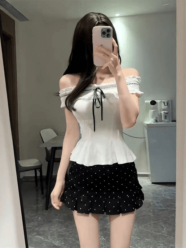 프랑스식 순수한 욕망 달콤함 몸매 가꾸기 오프숄더 맨위 투피스 슈트 여성 디자인 센스 도트 무늬 반신 짧은 치마 여름 이미지 3