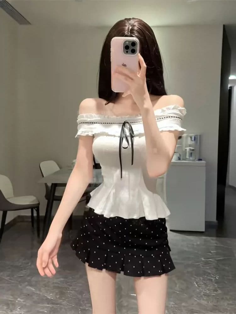 프랑스식 순수한 욕망 달콤함 몸매 가꾸기 오프숄더 맨위 투피스 슈트 여성 디자인 센스 도트 무늬 반신 짧은 치마 여름 이미지 2