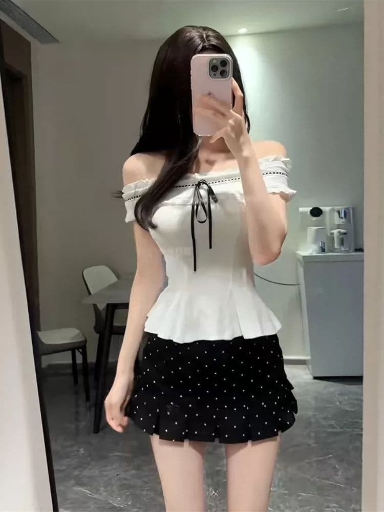 프랑스식 순수한 욕망 달콤함 몸매 가꾸기 오프숄더 맨위 투피스 슈트 여성 디자인 센스 도트 무늬 반신 짧은 치마 여름 상세 이미지 4