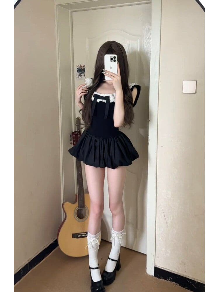 부유 한 가족 천 골드 센스 작은 검은 드레스 레이스 조각 오프숄더 여성 드레스 여름 허리 수축 슬림해 보이는 꽃밭 짧은 치마 상세 이미지 4
