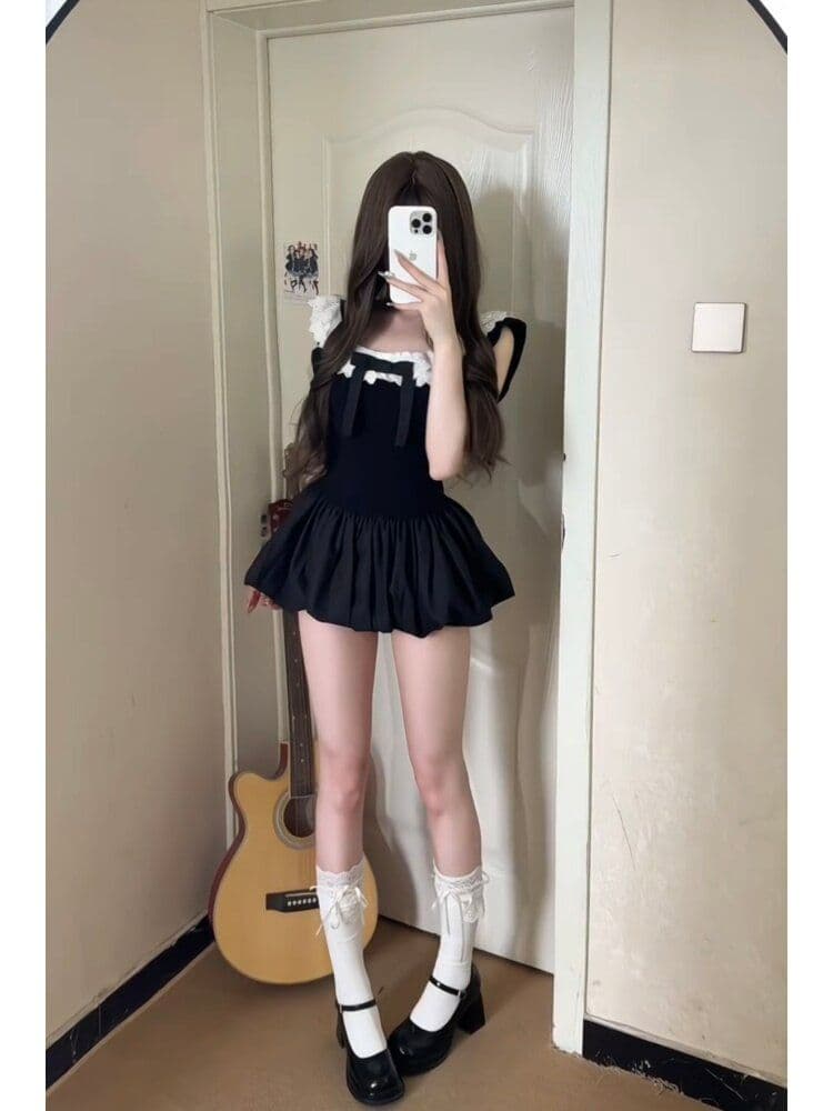 부유 한 가족 천 골드 센스 작은 검은 드레스 레이스 조각 오프숄더 여성 드레스 여름 허리 수축 슬림해 보이는 꽃밭 짧은 치마 상세 이미지 6