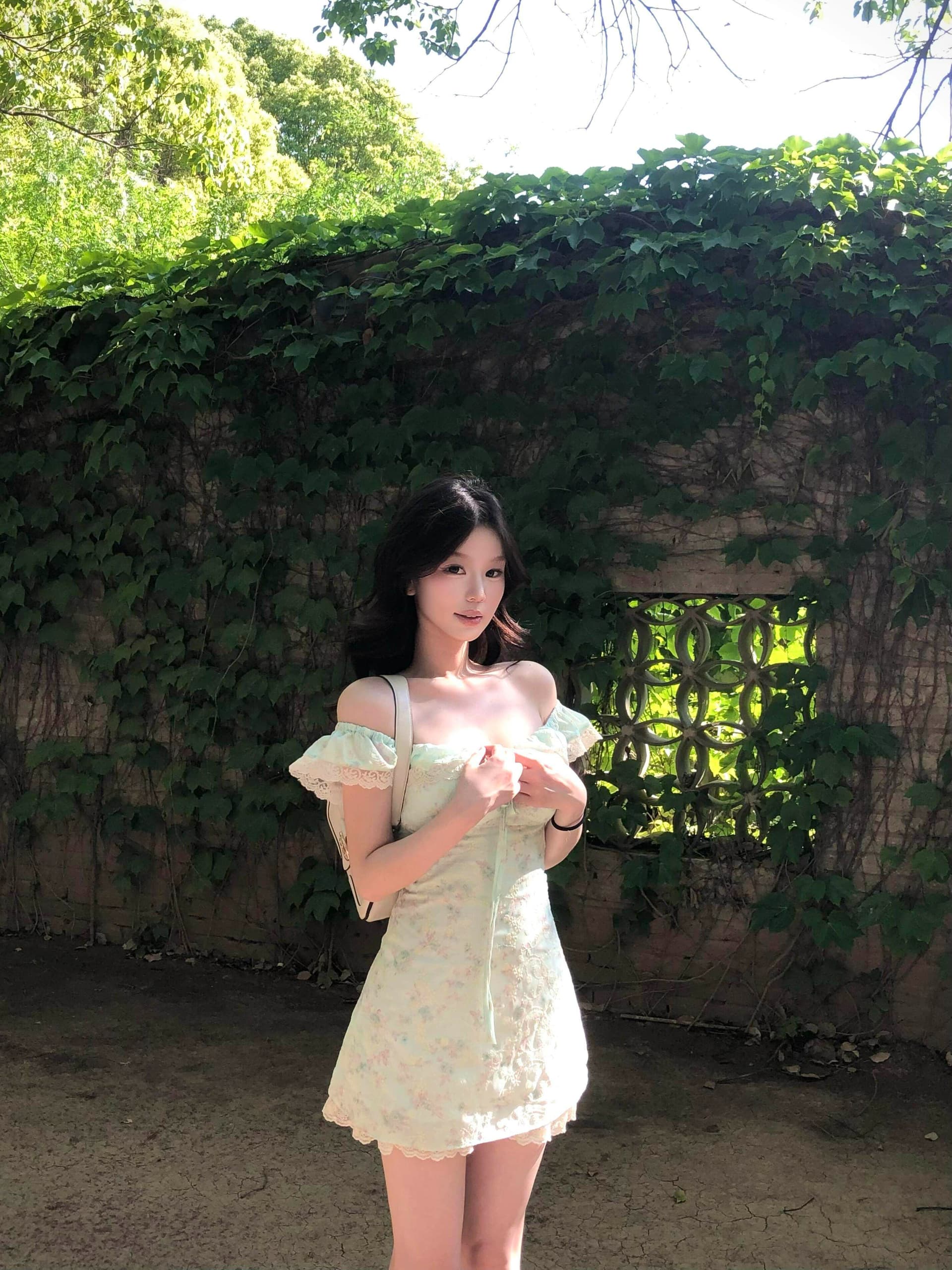 도파민 박하 녹색 꽃무늬 여성 드레스 여름 부드러운 바람 레이스 조각 작은 날다 소매 허리 수축 퍼프 미니 스커트 상세 이미지 6