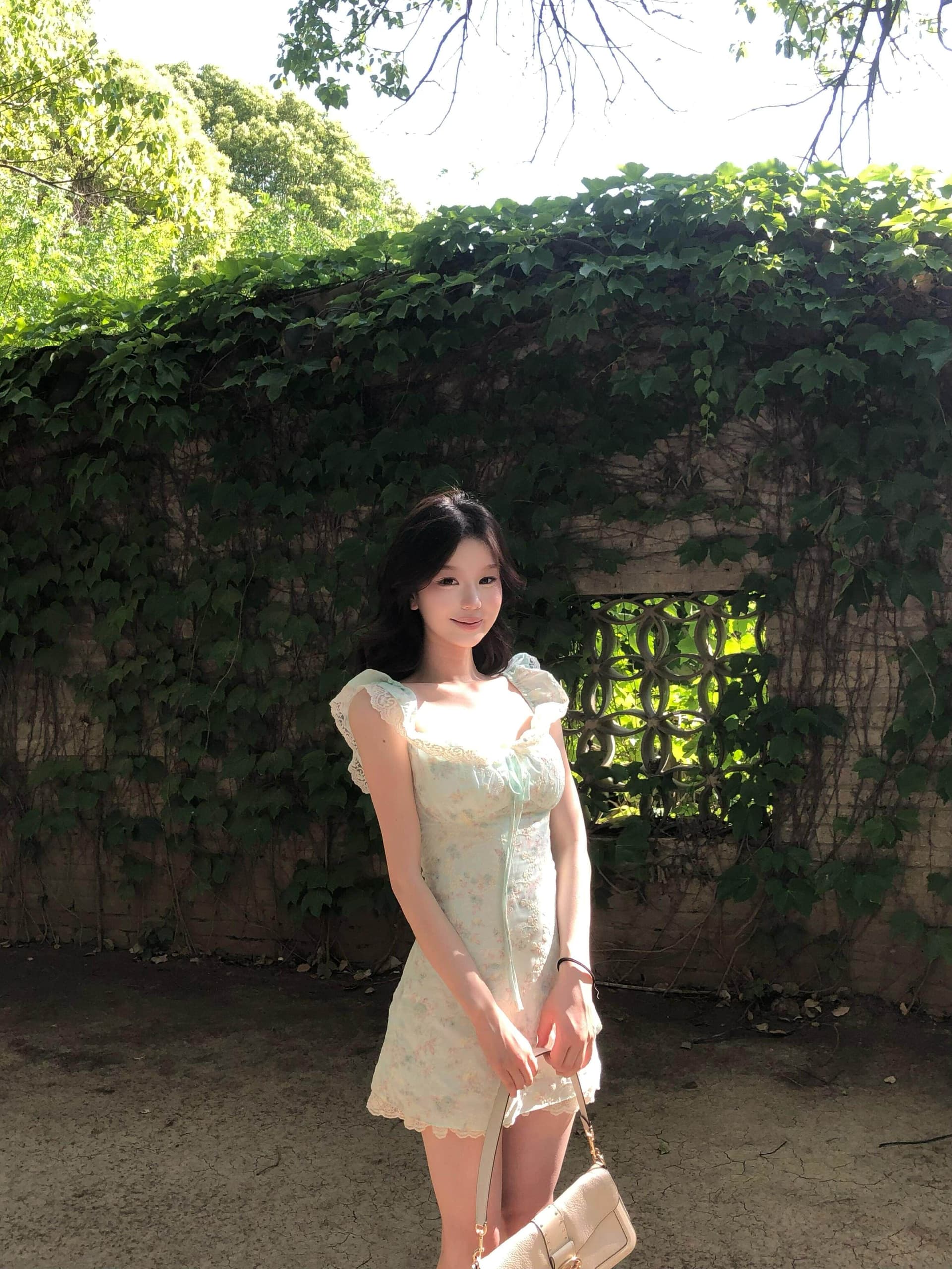 도파민 박하 녹색 꽃무늬 여성 드레스 여름 부드러운 바람 레이스 조각 작은 날다 소매 허리 수축 퍼프 미니 스커트 상세 이미지 7