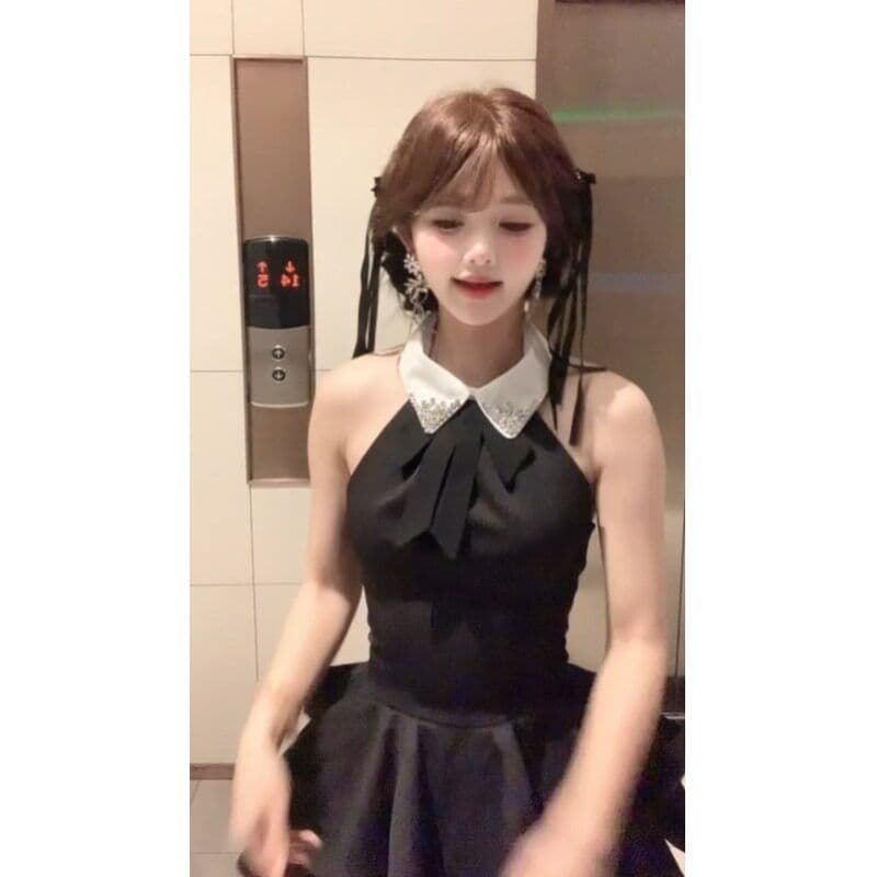 프랑스식 품격 나비 매듭 몸매 가꾸기 행침 목 허리 수축 슬림해 보이는 백리스 작은 검은 드레스 여름 새로운 퍼프 여성 드레스 이미지 4