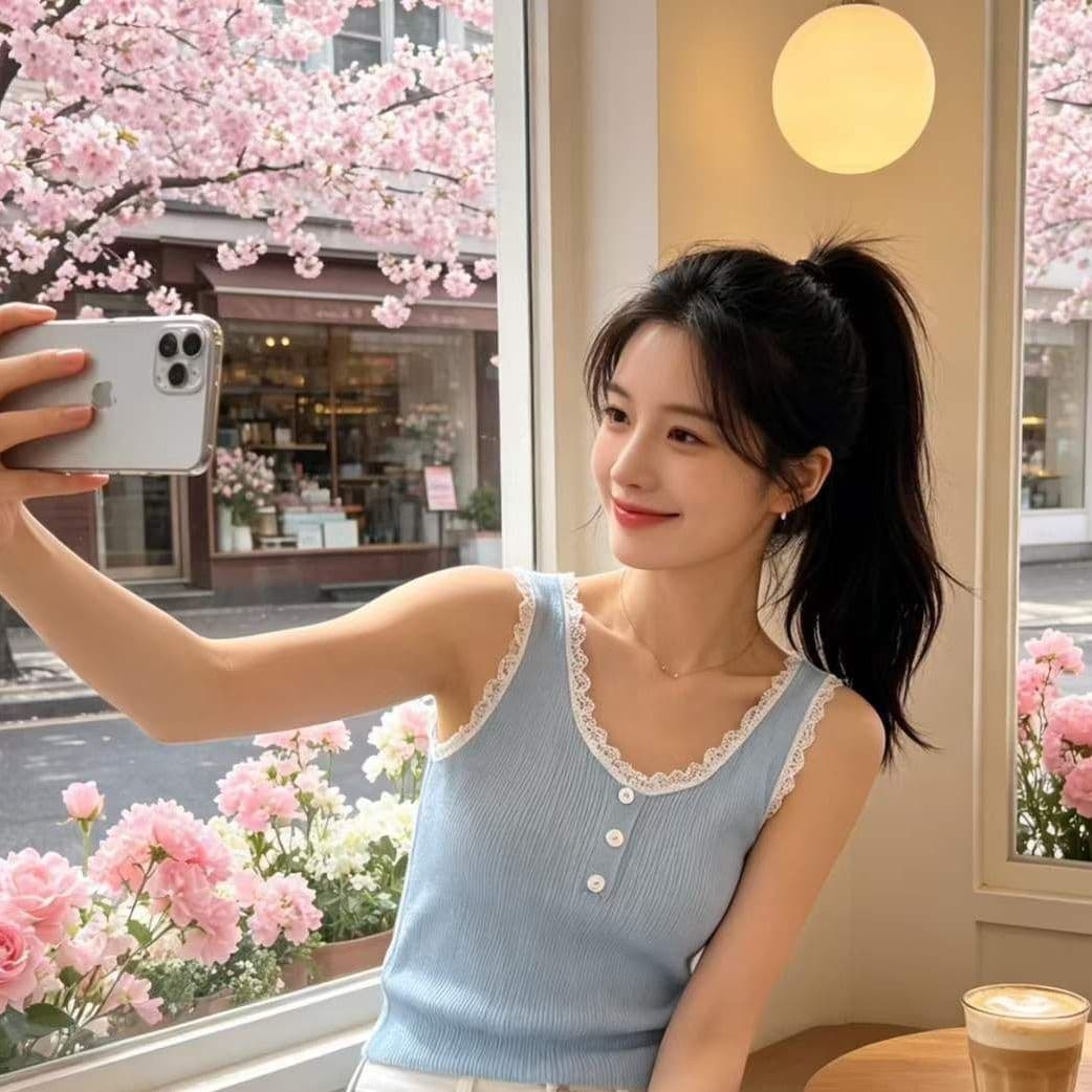 2026 년 여름 새로운 디자인 센스 달콤함 패션 u 칼라 레이스 구덩이 기사 슬림해 보이는 다용도 풀오버 조끼 상세 이미지 3