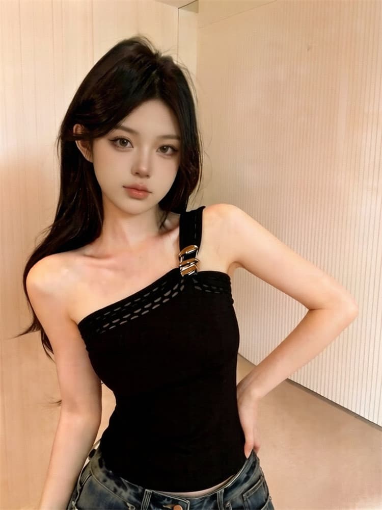 핫걸 순수한 욕망 디자인 센스 홀로우 아웃 금속 버클 경 사진 튜브탑 조끼 섹시함 품격 몸매 가꾸기 쇼트 스타일 만나는 맨위 상세 이미지 7