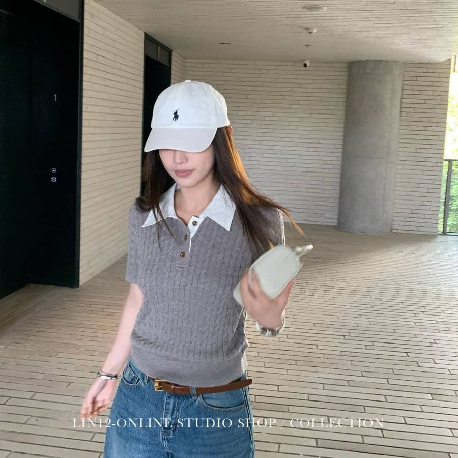 2026 새로운 레트로 꽈배기 POLO 칼라 반팔 티셔츠 여성 디자인 센스 몸매 가꾸기 슬림해 보이는 니트 풀오버 맨위 트렌디 이미지 2