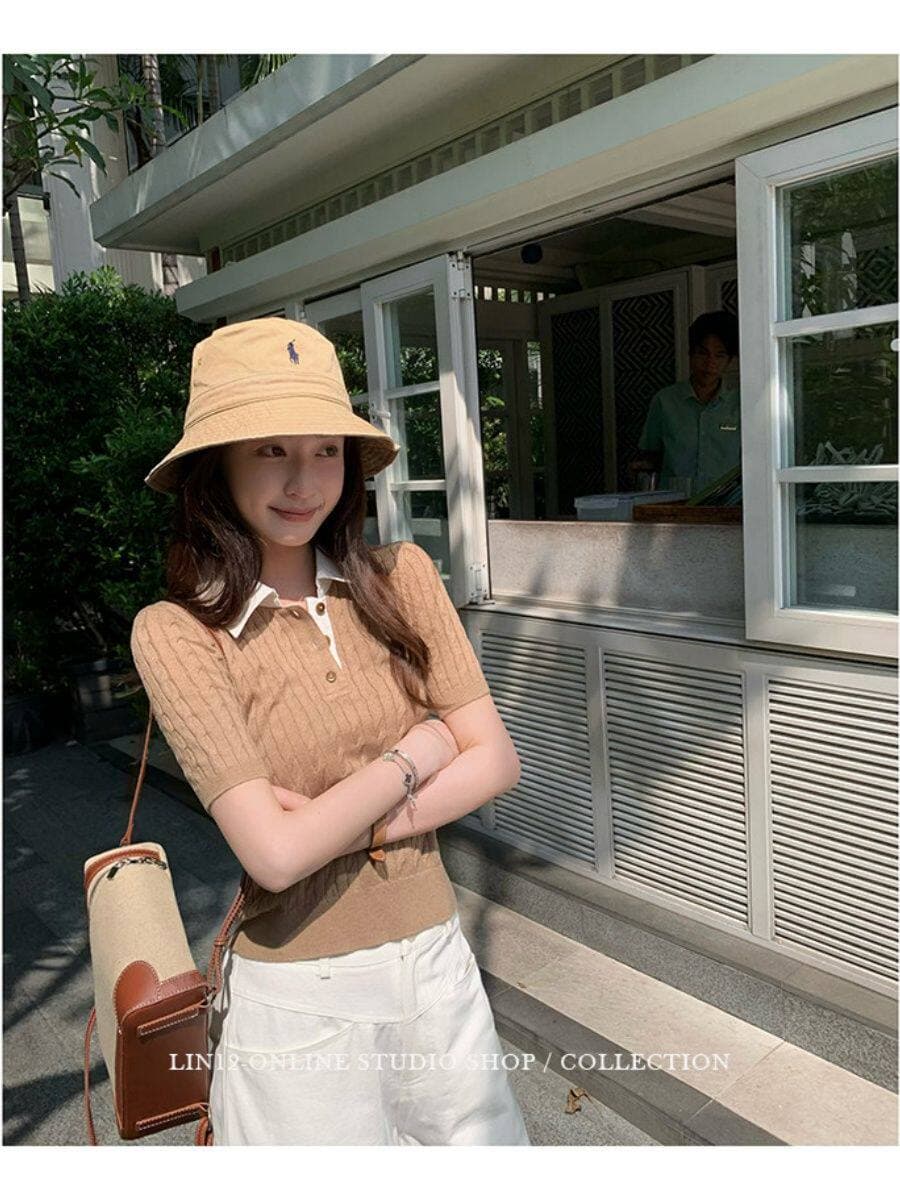 2026 새로운 레트로 꽈배기 POLO 칼라 반팔 티셔츠 여성 디자인 센스 몸매 가꾸기 슬림해 보이는 니트 풀오버 맨위 트렌디 상세 이미지 2