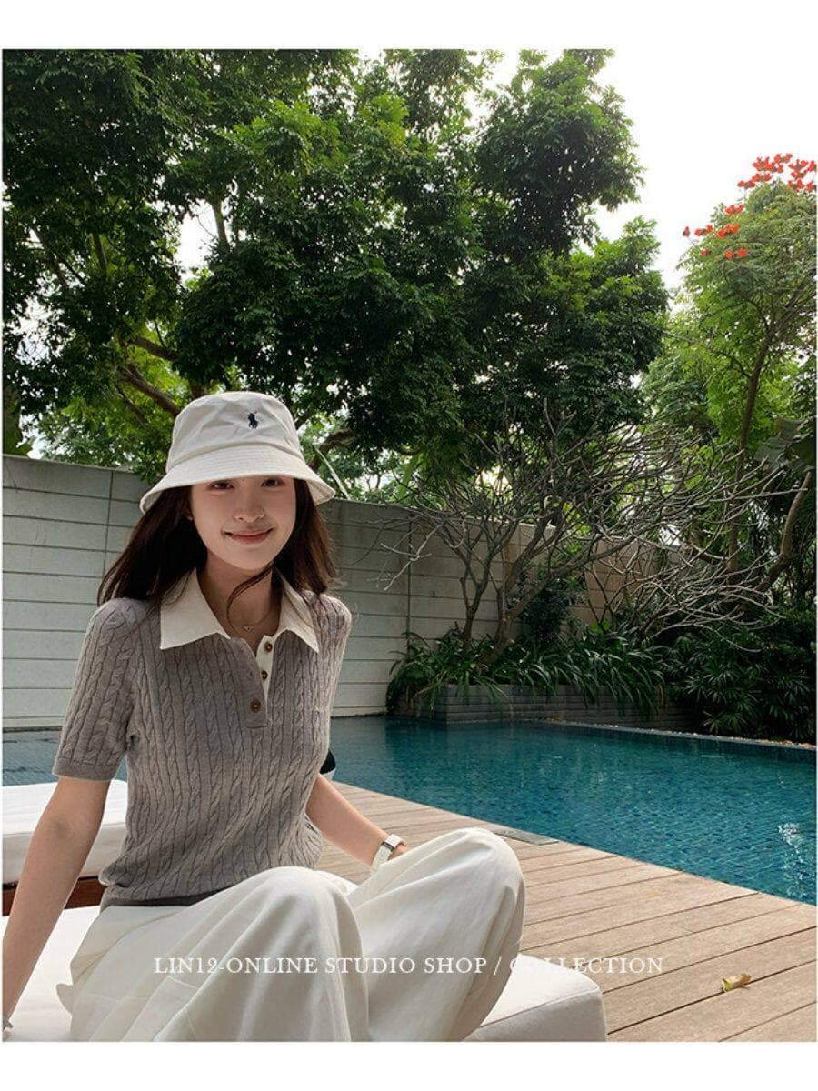 2026 새로운 레트로 꽈배기 POLO 칼라 반팔 티셔츠 여성 디자인 센스 몸매 가꾸기 슬림해 보이는 니트 풀오버 맨위 트렌디 상세 이미지 36