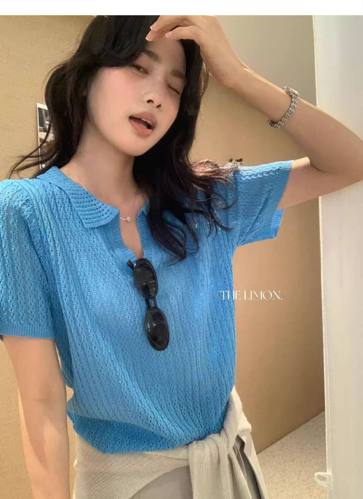 도파민 파란색 POLO 칼라 긍정적 인 어깨 반팔 니트 티셔츠 여성 여름 느슨함 센스 루즈핏 폴로 칼라 홀로우 아웃 맨위 상세 이미지 12