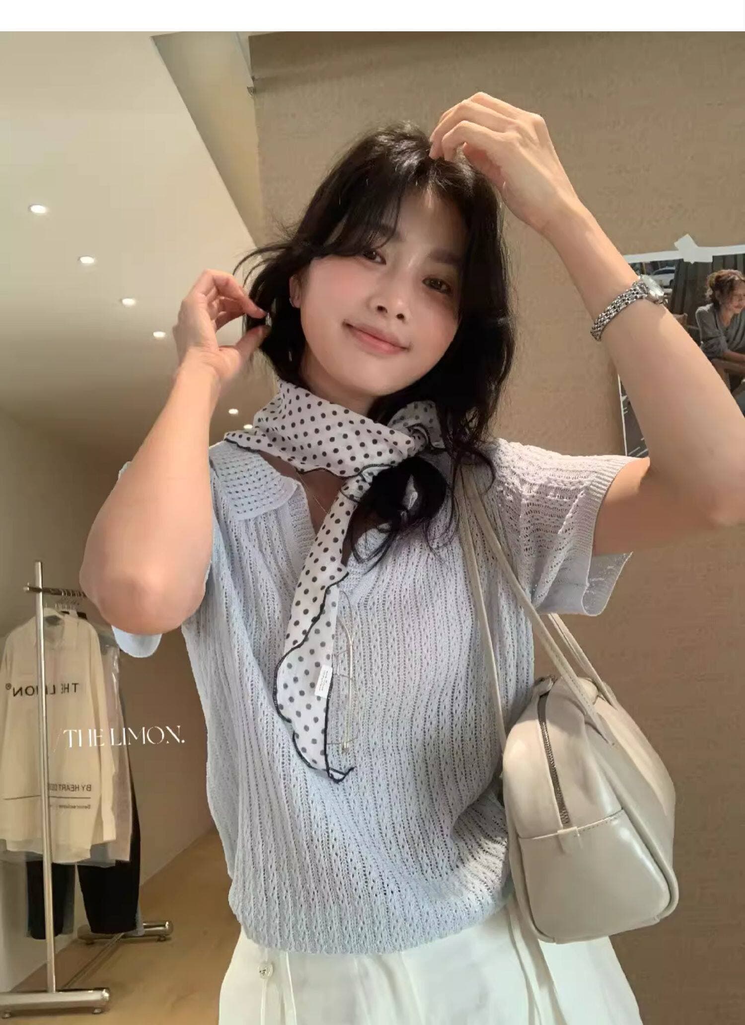 도파민 파란색 POLO 칼라 긍정적 인 어깨 반팔 니트 티셔츠 여성 여름 느슨함 센스 루즈핏 폴로 칼라 홀로우 아웃 맨위 상세 이미지 33
