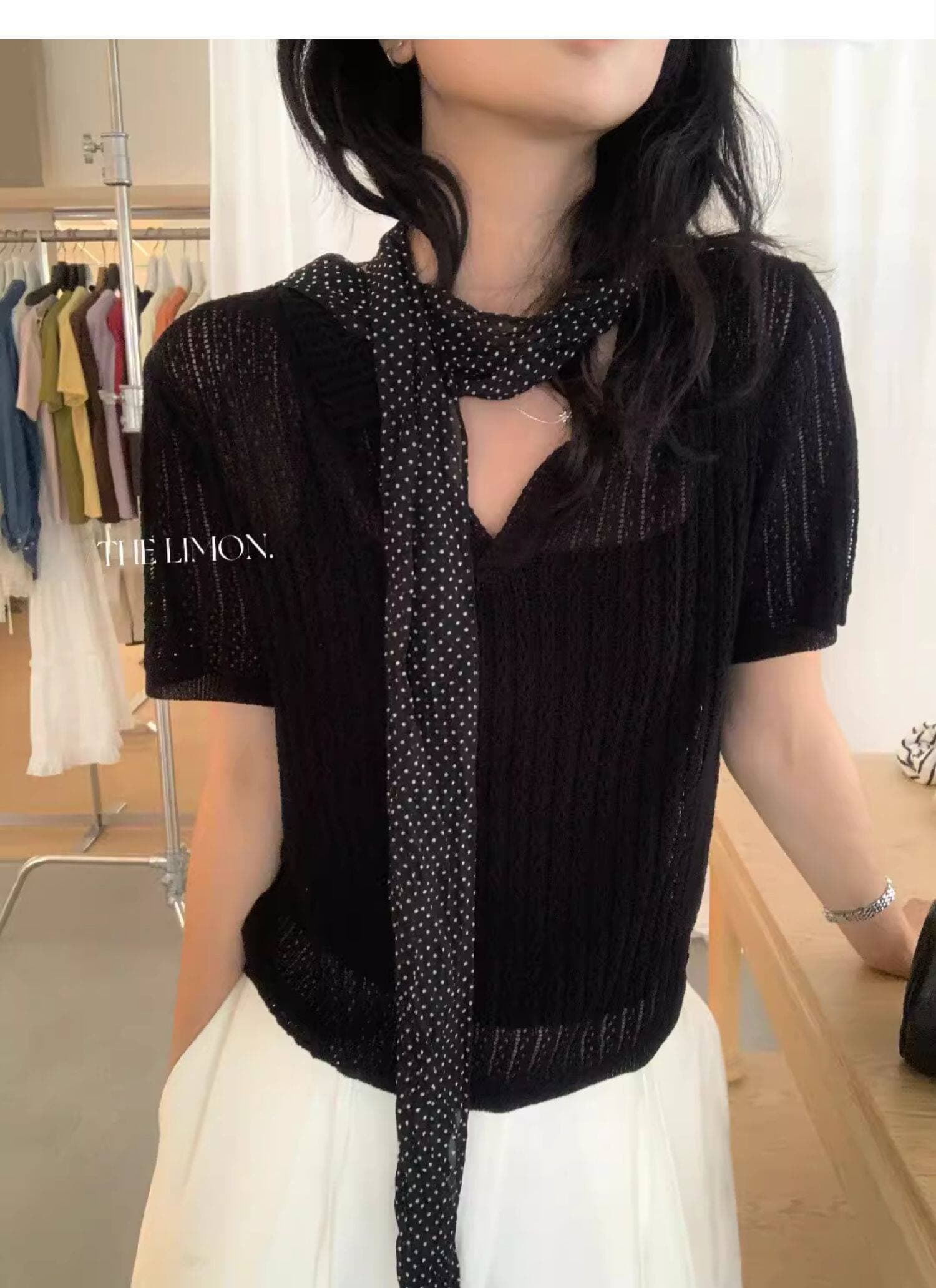 도파민 파란색 POLO 칼라 긍정적 인 어깨 반팔 니트 티셔츠 여성 여름 느슨함 센스 루즈핏 폴로 칼라 홀로우 아웃 맨위 상세 이미지 40
