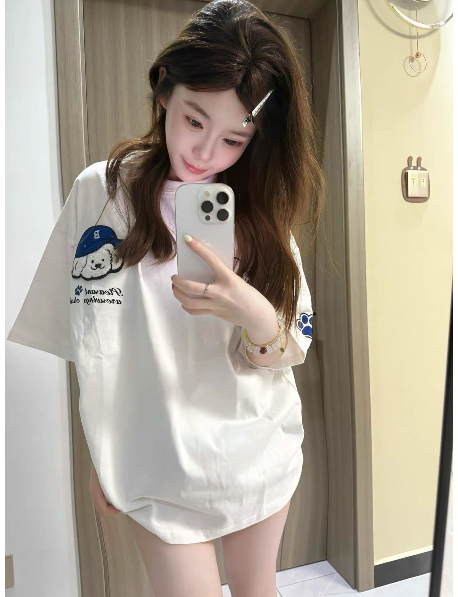 마술 막대기 자수 네리 가게 천 순면 220 그램 빗질하다 닫기 반팔 티셔츠 여성 이미지 3