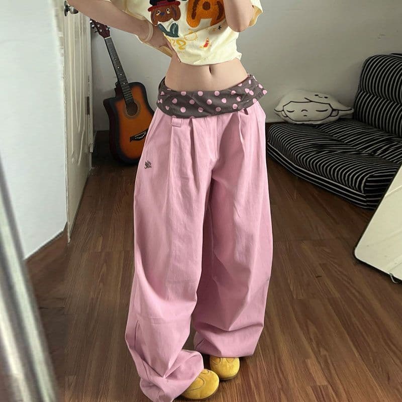 광저우 원단 목화 패브릭 여름 새로운 도파민 도트 무늬 허리 머리 패치워크 넓은 다리 루즈핏 캐주얼 바지 상세 이미지 2