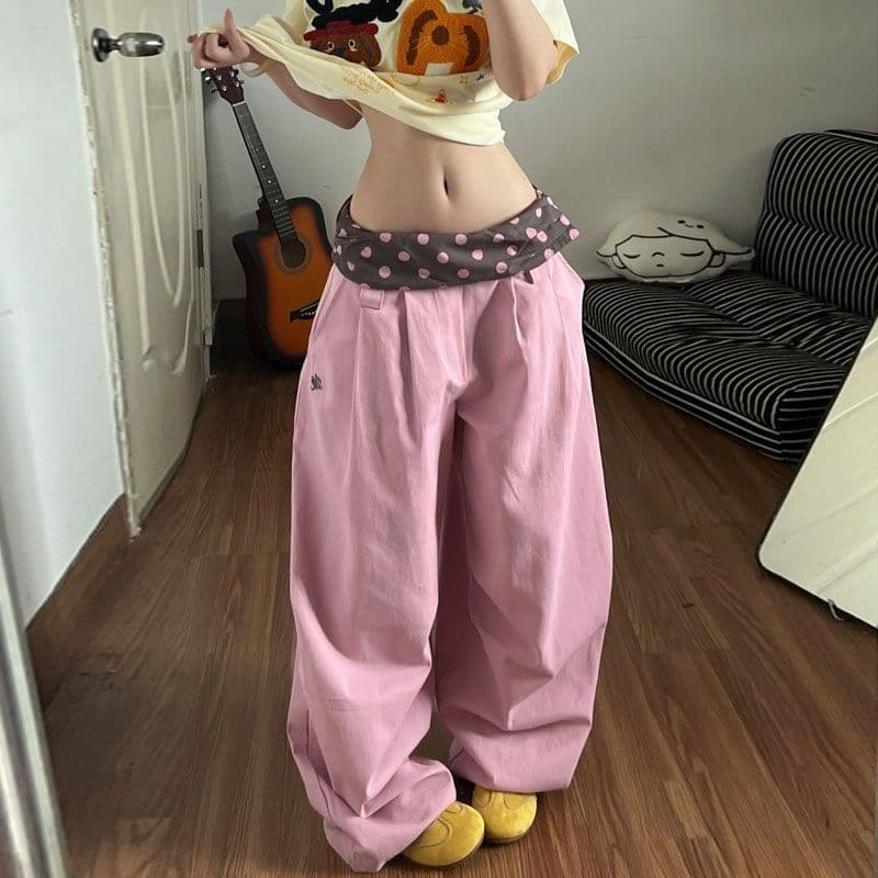 광저우 원단 목화 패브릭 여름 새로운 도파민 도트 무늬 허리 머리 패치워크 넓은 다리 루즈핏 캐주얼 바지 상세 이미지 3