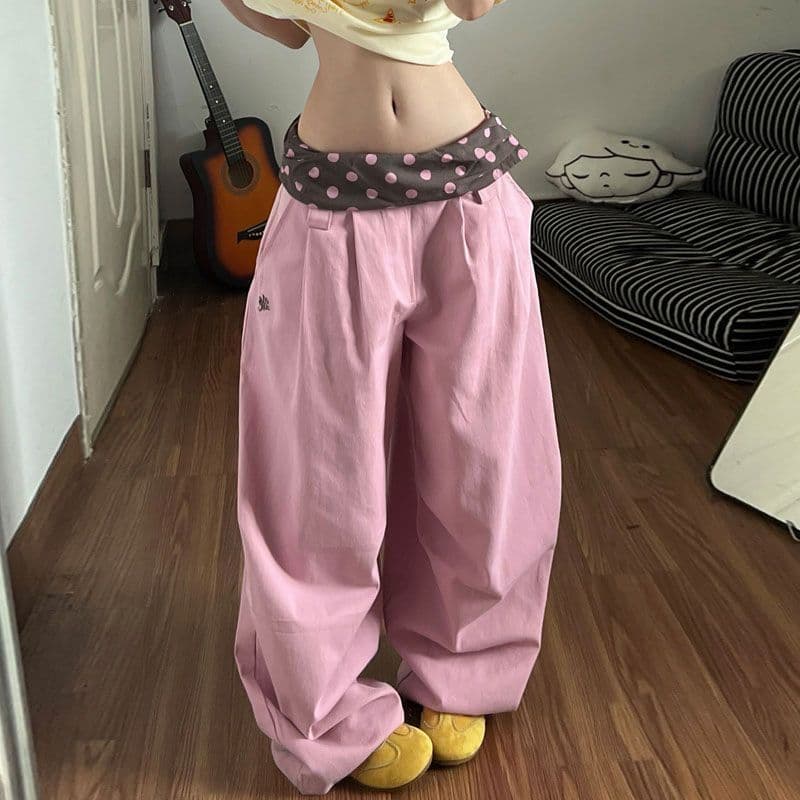 광저우 원단 목화 패브릭 여름 새로운 도파민 도트 무늬 허리 머리 패치워크 넓은 다리 루즈핏 캐주얼 바지 상세 이미지 7