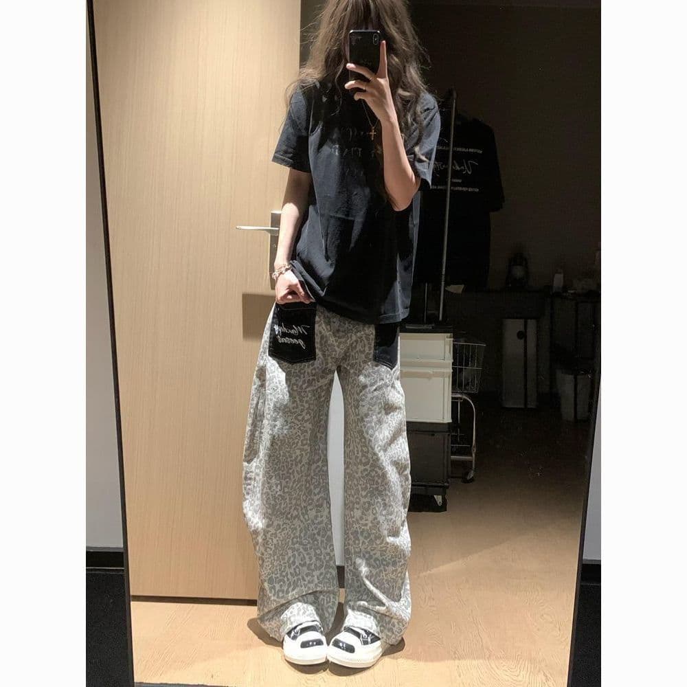 아메리칸 레오파드 무늬 패치워크 디자인 센스 로우 웨이스트 넓은 다리 여성 2026 여름 새로운 루즈핏 슬림해 보이는 스트레이트 팬츠 상세 이미지 6
