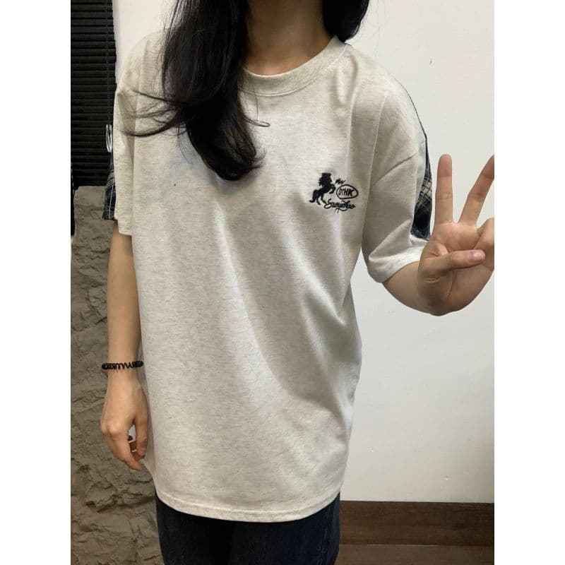 자수 패치 네리 가게 천 순면 220 그램 반팔 티셔츠 여성 상세 이미지 5