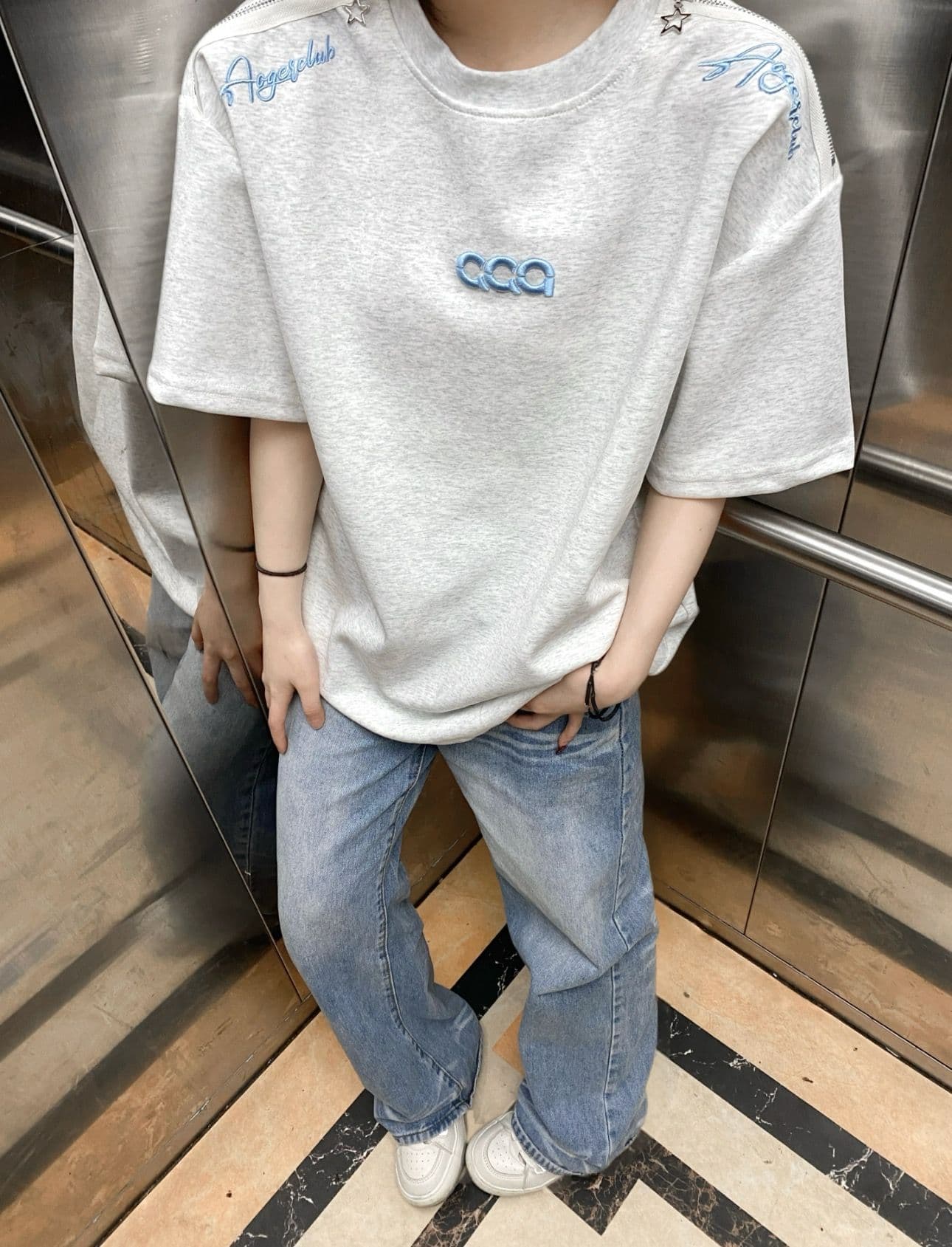 백금 지퍼 자수 네리 가게 천 220 그램 46 면 49 폴리 에스터 5 암모니아 Lun 반팔 여성 상세 이미지 6