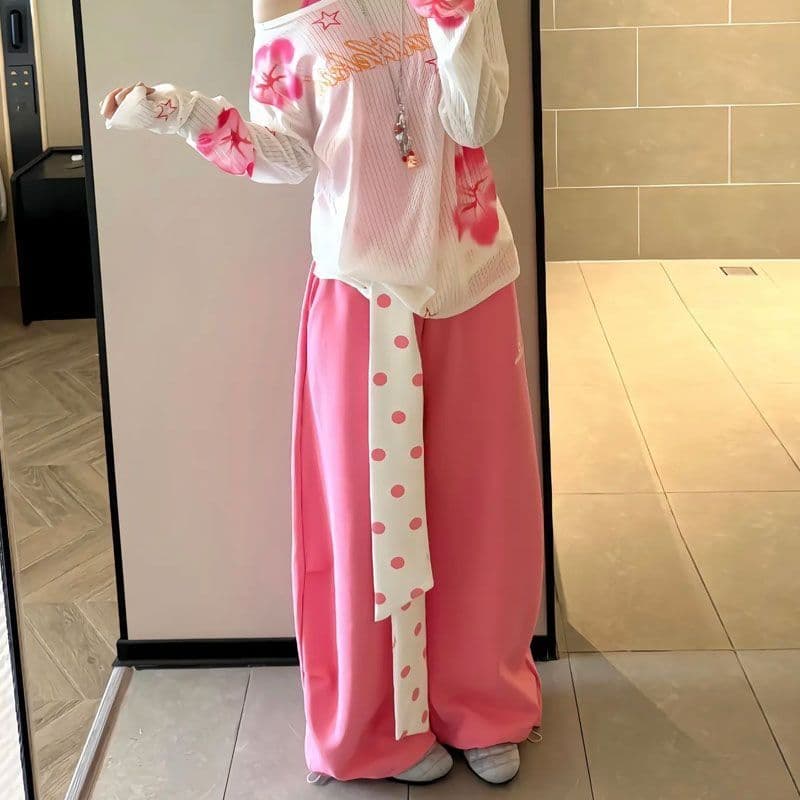 후아 면 복합 아메리칸 도파민 배색 도트 무늬 스트랩 패치워크 넓은 다리 루즈핏 캐주얼 바지 상세 이미지 4